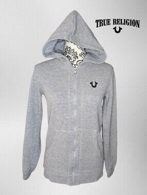 TRUE RELIGION Light Gray Hoodie with Sleeve Logo Tape - Medium